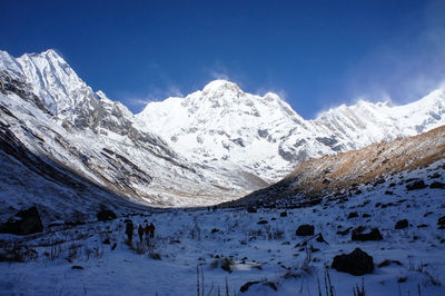 View of the nepalese mountains at sunrise. mountain winter landscape. annapurna base camp. scenery