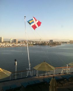 Flag by sea against clear sky