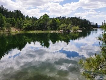 Scenic view of lake by trees against sky