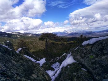 Scenic view of mountains against cloudy sky