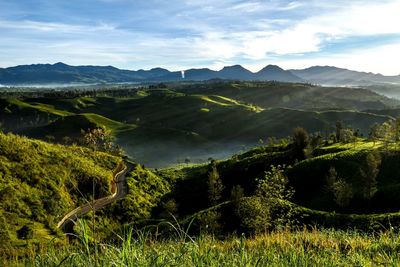 Scenic view of landscape and mountains against sky