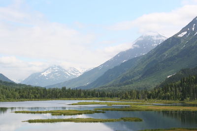 Scenic view of lake and mountains against sky