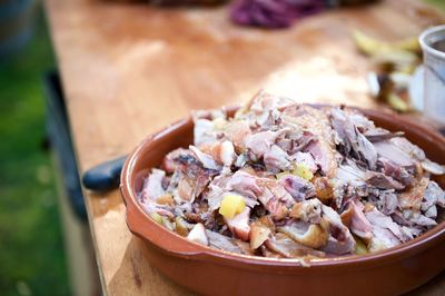 Close-up of shredded meat on table