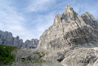 Low angle view of rocky mountains against sky