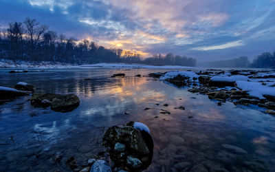 Scenic view of lake against sky during winter