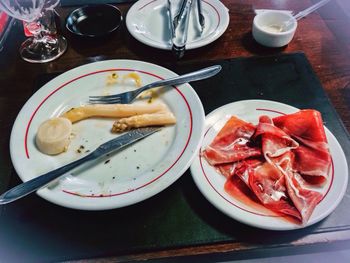 High angle view of meat in plate on table