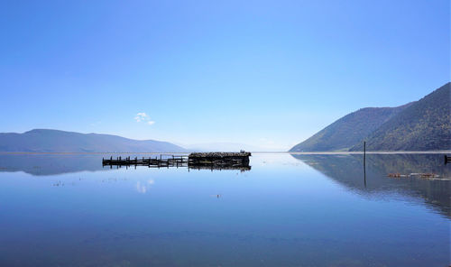 Scenic view of lake against clear blue sky