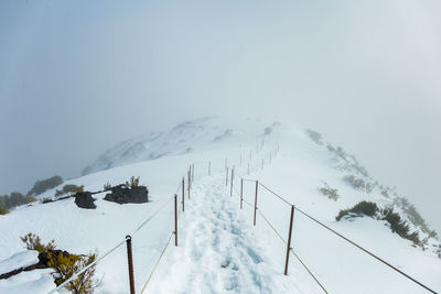 Overview of pico ruivo footpath covered with snow in santana, madeira island