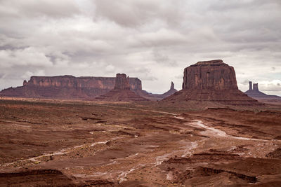 Rock formations on landscape against cloudy sky