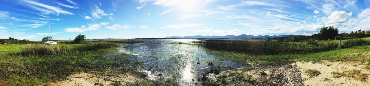 water, grass, sky, tranquil scene, tranquility, scenics, beauty in nature, sunlight, nature, blue, cloud - sky, day, idyllic, cloud, reflection, green color, lake, plant, outdoors, sunny