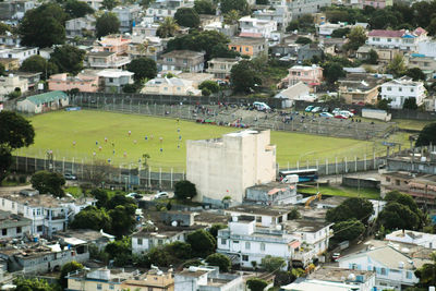 High angle view of houses in town