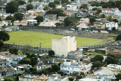 High angle view of houses in town