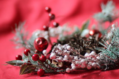 Close-up of christmas decorations on table