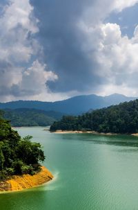 Scenic view of lake against cloudy sky