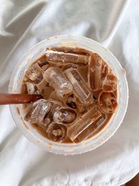 High angle view of drink on table