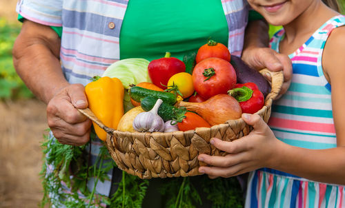 Midsection of grandmother giving vegetables in basket to granddaughter