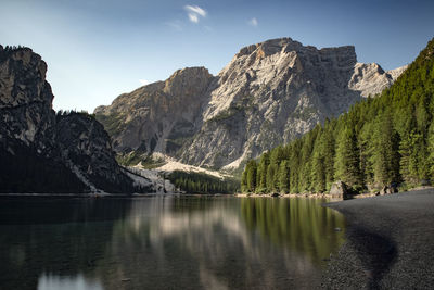 Braies lake and in background seekofel mountain, dolomites, italy