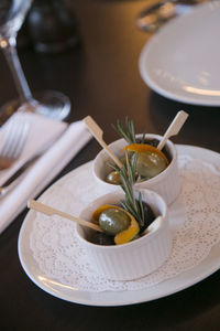 High angle view of food in plate on table