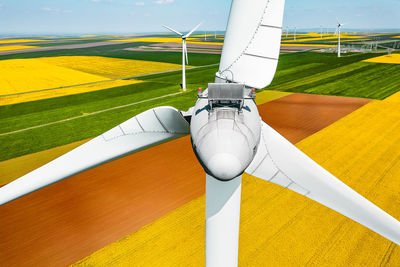 Aerial view of wind turbines farm on agricultural field in summer