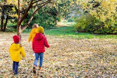 Rear view of kids standing by plants during autumn