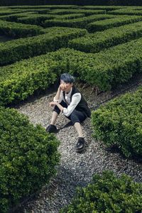 High angle view of woman working in farm