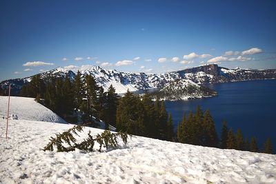 Scenic view of snow covered mountains against sky