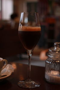 Close-up of beer in glass on table