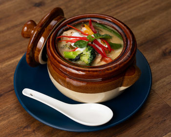 High angle view of soup in bowl on table