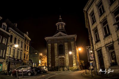 View of city lit up at night