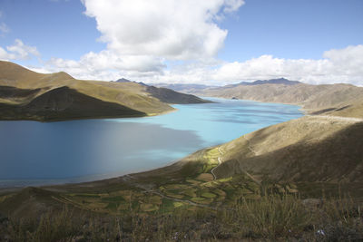 Scenic view of lake and mountains against sky