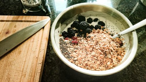 High angle view of breakfast on table