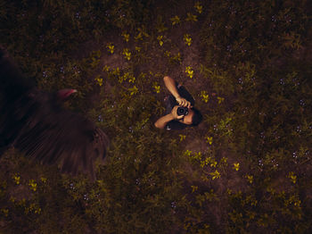 High angle view of woman lying on field