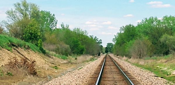 Panoramic view of railroad tracks amidst trees against sky