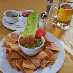 Close-up of food served on table