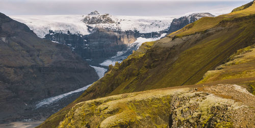 Panoramic view of snowcapped mountains against sky