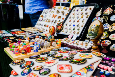 High angle view of cake for sale on table