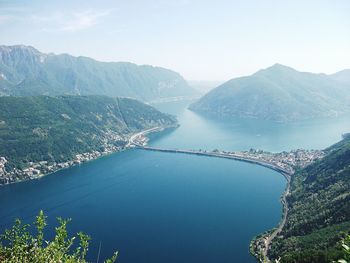 High angle shot of calm lake along landscape