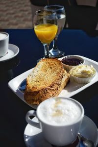 Close-up of breakfast served on table