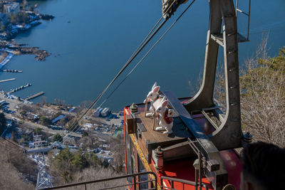 High angle view of commercial dock against sky