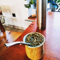 High angle view of breakfast on table at home