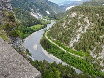 Scenic view of river amidst mountains