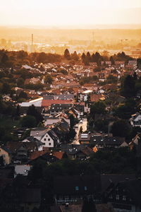 High angle view of cityscape against sky at sunset