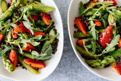 High angle view of salad in plate on table