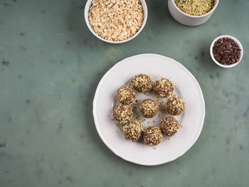 High angle view of breakfast served on table