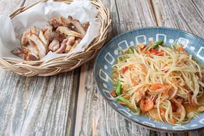 High angle view of seafood in basket on table