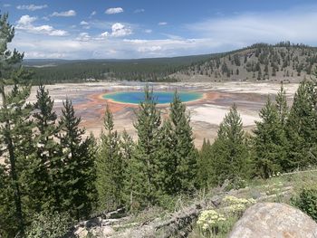 Panoramic view of the hot pools in yellowstone national park.