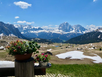 Scenic view of snow covered mountains against sky