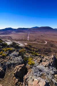 Scenic view of rocky mountains against clear blue sky