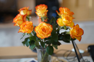 Close-up of roses in vase on table