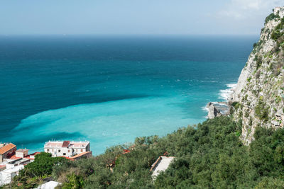 Scenic view of sea by mountain